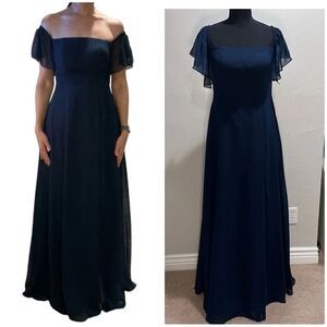 Azazie Navy Blue Off Shoulder Formal Gown Size A6 Side Slit Full Lined